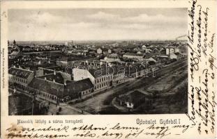 1904 Győr, látkép a város tornyáról. Kiadja Berecz Viktor + Budapest-Grácz vonat bélyegző