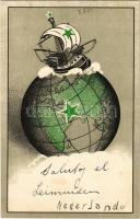 Esperanto art postcard with globe. Ader & Borel GmbH Esperanto-Verlag litho