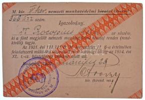 1922. "IV. kerületi Nemzeti Munkavédelmi Hivatal" fényképes  igazolványa Dr. Procopius Bél...