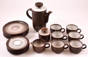 Barna kerámia teás készlet, kiöntővel, cukortartóval, stb., néhány apró lepattanással