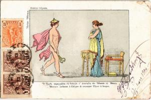 1904 Homere Odyssee. Mercure orodnne a Calypso de renvoyer Ulysse a Itaque / Odyssey by Homer. Litho art postcard, early TCV card (r)
