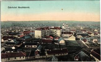 1909 Mezőtúr, látkép. Kiadja Kanyó Antal + Gyulafehérvár-Budapest vasúti pecsét