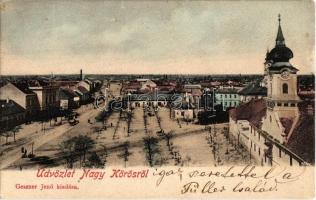 1902 Nagykőrös, Fő tér, üzlet, templom, piaci árusok. Kiadja Geszner Jenő