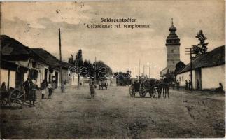1921 Sajószentpéter, utcakép a Református templommal, lovaskocsi, üzletek (EK)