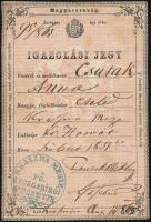 1863 Igazolási jegy cseléd részére 3x5kr illetékbélyeggel