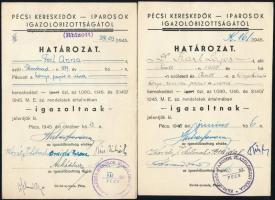 1945-46 4 db okmány és igazolvány, hátoldalon adópengős okmánybélyegekkel