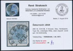 1850 9kr HP II  blue, highlighted middle part 1850 9kr HP II kék, kiemelt középrész "TEMESVÁR&q...