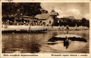 Szigetszentmiklós, Attila strandfürdő, fürdőzők, Kirándulók hajóval érkeznek a strandra. Kiadja Oláh M. (Rb)