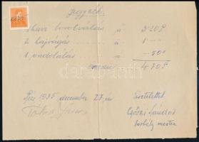 1935 Jegyzék (számla) borbélymestertől, 4,7P készpénz + 2f postabélyeggel