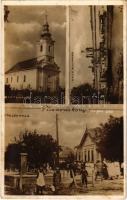 1930 Tiszavárkony, Református templom, Hajóállomás az Ercsi oldalkerekes vontató gőzhajóval, Községháza, kút. Ungár photo (fl)
