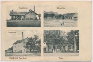 1915 Denta, vasútállomás megállóhelye, községház, gőzmalom, posta. Demeter J. és társa kiadása / railway station, post office, mill, town hall (ázott / wet damage)