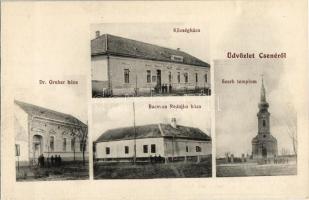 Csene, Cenei; Községháza, Szerb templom, Dr. Gruber és Bacsvan Radojko háza. Weisz Ármin fia kiadása / town hall, Serbian church, villas