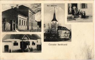 1912 Bardóc, Bradut; Református templom, községháza és csendőr laktanya, fogyasztási szövetkezet üzlete, Központi csarnok / Calvinist church, town hall, gendarmerie barracks, cooperative shop, central hall