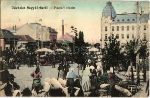 1912 Nagykőrös, Piactér uborkavásárral, piaci árusok, tömeg, Hercz Hermann és Singer Mór üzlete