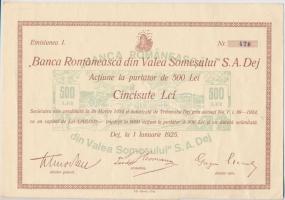 Románia 1925. "Banca Romaneasca a Szamos-völgyében" részvény 500L-ről, szelvényekkel + 193...