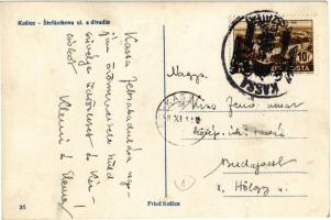 Kassa, Kosice; Stefánikova ul. a divadlo / Stefánik utca, üzletek, színház / street view with shops ...