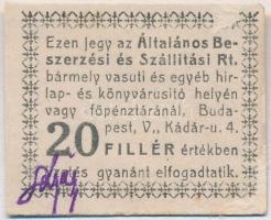 Budapest 1919-1925. 20f Általános Beszerzési és Szállítási Rt. hátlap üres, előlap aláírt T:II Adamo BUC-5.1.2
