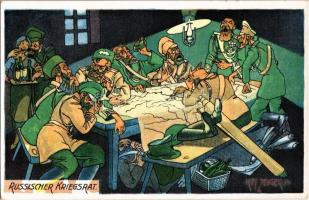 Russischer Kriegsrat / Orosz haditanács humoros oroszellenes karikatúra részeg tisztekkel / Russian War Council WWI Anti-Russian propaganda, mocking caricature with drunk military officers. W.R.B. & Co. Serie Nr. 96. s: Zelger