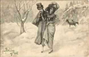 Boldog Újévet! / New Year greeting art postcard with couple in the snow. V. K. Vienne 5353. litho, artist signed (EK)