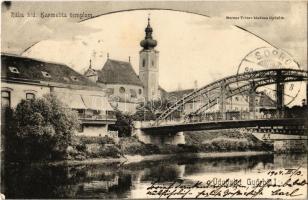 1904 Győr, Rába híd, Karmelita templom. Kiadja Berecz Viktor (EK)