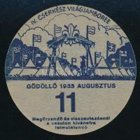 1933 Jamboree Gödöllő utazási kitűző, 11. altábor (szakadással) / Jamboree paper badge for discounted rail travel, Camp 11 with tear
