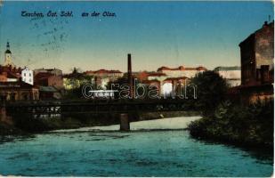 1914 Cieszyn, Teschen; An der Olsa. Verlag S. Holländer / Olsa riverside, bridge with tram (EK)