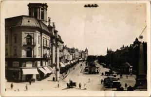 1931 Arad, utcakép, Szécsi és Társa üzlete, söröző, automobilok / street view with shops, inn, beer hall, automobiles. photo (fa)
