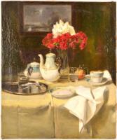 Olvashatatlan jelzéssel: Asztali csendélet. Olaj, vászon, restaurált, 60×50 cm