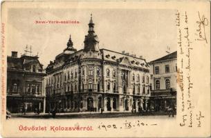 1902 Kolozsvár, Cluj; New York szálloda, Schuster Emil, Csiky Mihály üzlete. Kiadják a Dunky Fivérek cs. és kir. udv. fényképészek / Hotel New York, shops (felületi sérülés / surface damage)