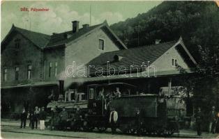 1918 Dés, Dej; Pályaudvar, vasútállomás, gőzmozdony vasutasok / Bahnhof / railway station, locomotive, railwaymen (EK)