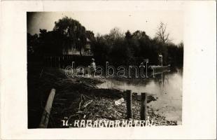 1930 Rábagyarmat, Rába parti ház, csónak, gyerek kutyával. photo (ragasztónyom / glue marks)