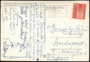 1963 Czibor Zoltán és családtagjai (felesége, stb.) levele és aláírása Svájcból küldött levelezőlapon