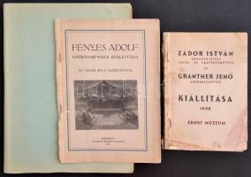 1918-1958 Vegyes művészeti könyvtétel, 3 db:   1918 Fényes Adolf gyűjteményes kiállítása. Dr. Lázár Béla előszavával. Bp.,1918, Ernst Múzeum, 8 p.+4 t. Kiadói papírkötés, javított kötéssel, kissé viseltes állapotban.   1930 Országos Magyar Képzőművészeti Társulat évkönyve az 1930. évre. Szerk.: Paur Géza Bp., Országos Magyar Képzőművészeti Társulat, 158 p. Egészoldalas és szövegközti illusztrációkkal. Átkötött papírkötésben, a hátsó borító hiányos, a címlap foltos, kissé viseltes állapotban.  Zádor István és Grantner Jenő kiállítás. Bp.,1958, Ernst Múzeum, 31 p.+12 t. Kiadói papírkötés, foltos, a borító szakadt, sérült, viseltes állapotban. A címlapon Zádor István aláírásával.