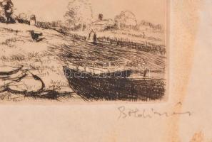 Boldizsár István (1897-1984): Tanya. Rézkarc, papír, jelzett, foltos, üvegezett keretben, 19×29 cm