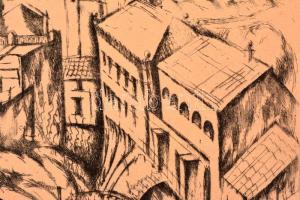 Martyn Ferenc (1899-1986): Háztetők (No: 6) 1927. Rézkarc, papír, jelzett, 20×23,5 cm