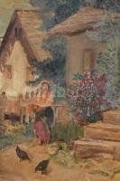 Jelzés nélkül: Parasztudvar. Olaj, vászon, foltos, festék kopásokkal, sérült keretben, 60×80 cm