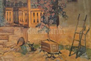 Jelzés nélkül: Parasztudvar. Olaj, vászon, foltos, festék kopásokkal, sérült keretben, 60×80 cm