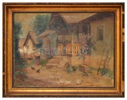Jelzés nélkül: Parasztudvar. Olaj, vászon, foltos, festék kopásokkal, sérült keretben, 60×80 cm