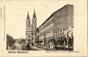 1901 Miskolc, Szemere utca és a MÁV (Magyar Királyi Államvasutak) üzletvezetősége, templom. Kiadja Falkenstein S. (EK)