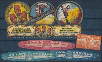 Titán Kaszakő, Bocskay Kasza, Szalay Kasza, stb., 8 db zárjegy és címke, közte litho