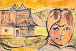 Jelzés nélkül: Székely női arc és ház. Monotípia, papír, üvegezett keretben, 41×61 cm