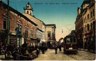 1915 Miskolc, Széchenyi utca, Nemzeti Színház, vasgyár felé közlekedő villamos, Liebling üzlete, szekér. Kiadja Grünwald I.  (Rb)