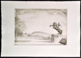 Koch Ernő (1898-1970): Bástyasétányi lovasszobor. Rézkarc, papír, jelzett a karcon, 23,5×33 cm