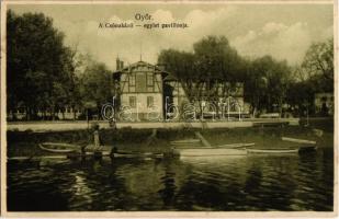 1928 Győr, Csónakázó egylet pavilonja, evezős csónakok, sport