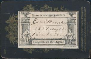 1884 Esser Ferenc diósgyőri gyógyszerész lányát ábrázoló fotó, hátoldalon a gyógyszerész címkéjével,...