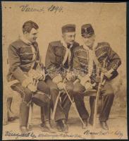 1894 Katonatársak, m. kir. varasdi 10. honvéd huszárezred tisztjei, Várady Albert (1870-?) huszárhadnagy, későbbi ezredes, Strauss Gusztáv huszárhadnagy, és Wedemeyer Haimar őrmester, kartonra kasírozva, feliratozva, körbevágott, 9,5x10,5 cm.  /Brothers in army, 3 army officers of the Hungarian Royal 10th Husar Regiment of Varaždin, Albert Várady (1870-?) lieutenant, Gustav Strauss lieutenant, Haimar Wedemeyer sergeant, photo on board, with writings, cropped, 9,5x10,5 cm.