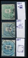 1881 3 db Színesszámú krajcáros bélyeg lemezhibákkal, javításokkal