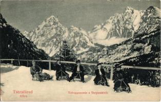 1908 Tátrafüred, Ótátrafüred, Altschmecks, Stary Smokovec (Tátra, Magas Tátra, Vysoké Tatry); Tobogganozás a Tarpatakból, szánkózás, téli sport / winter sport, sledding people