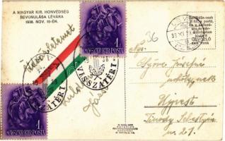 1938 Léva, Levice; bevonulás, hátoldalon visszatért bélyegző és lapra ragasztott textil magyar zászl...