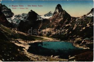 Tátra, Magas Tátra, Vysoké Tatry; Zöld tó a Frigyes főherceg menedékházzal. Kiadja Kuszmann Gyula / Grüner See /  Zelené pleso / lake with chalet (EB)